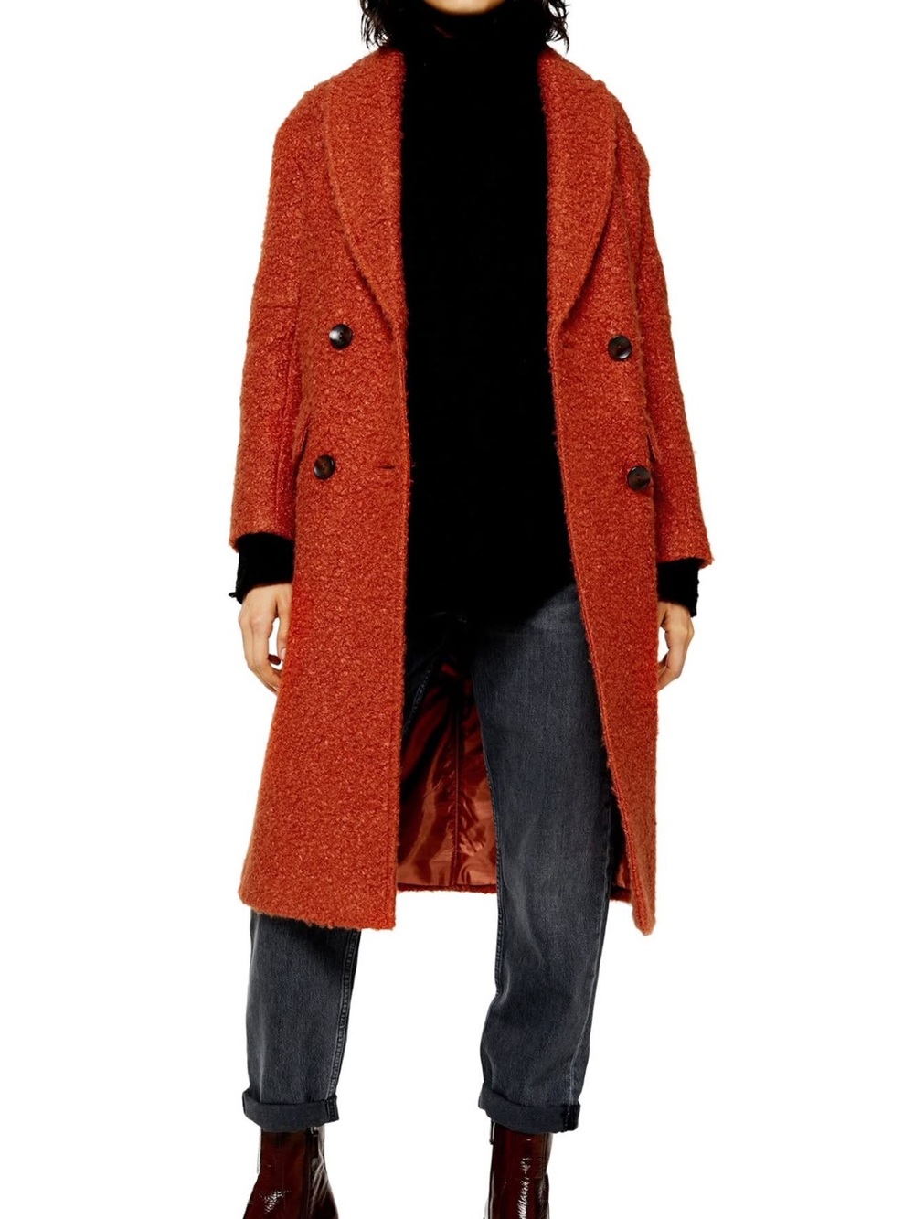 Topshop Rust Double-Breasted Bouclé Pea Coat